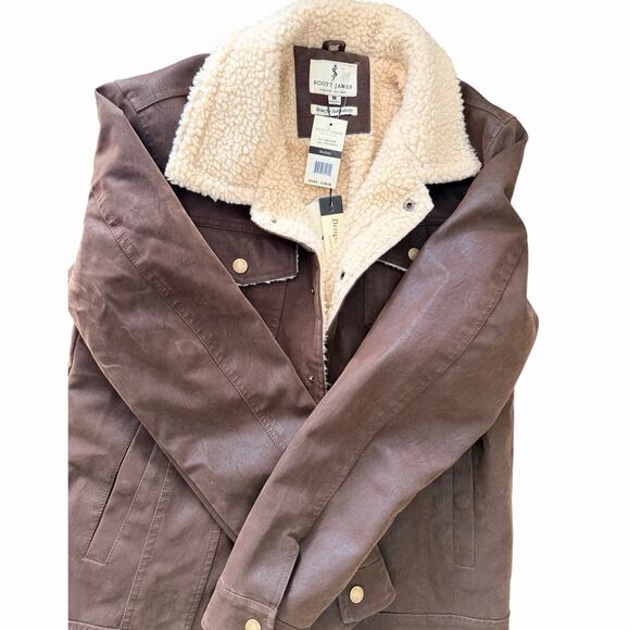 Scott James Mens M Brown Faux Leather Sherpa Lined Trucker Jacket Snap Front NWT - Picture 7 of 7